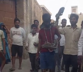 मुंह काला कर युवक को जूते की माला पहनकर गांव में घुमाया,वीडियो वायरल